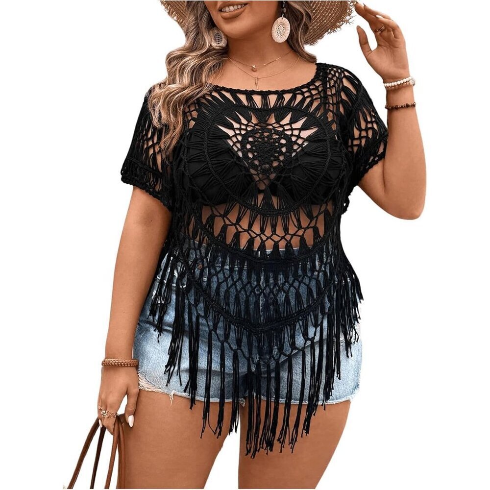 Plus Size Women's Crocheted Fringed Hem T Shirt Short Sleeve Knitted Top